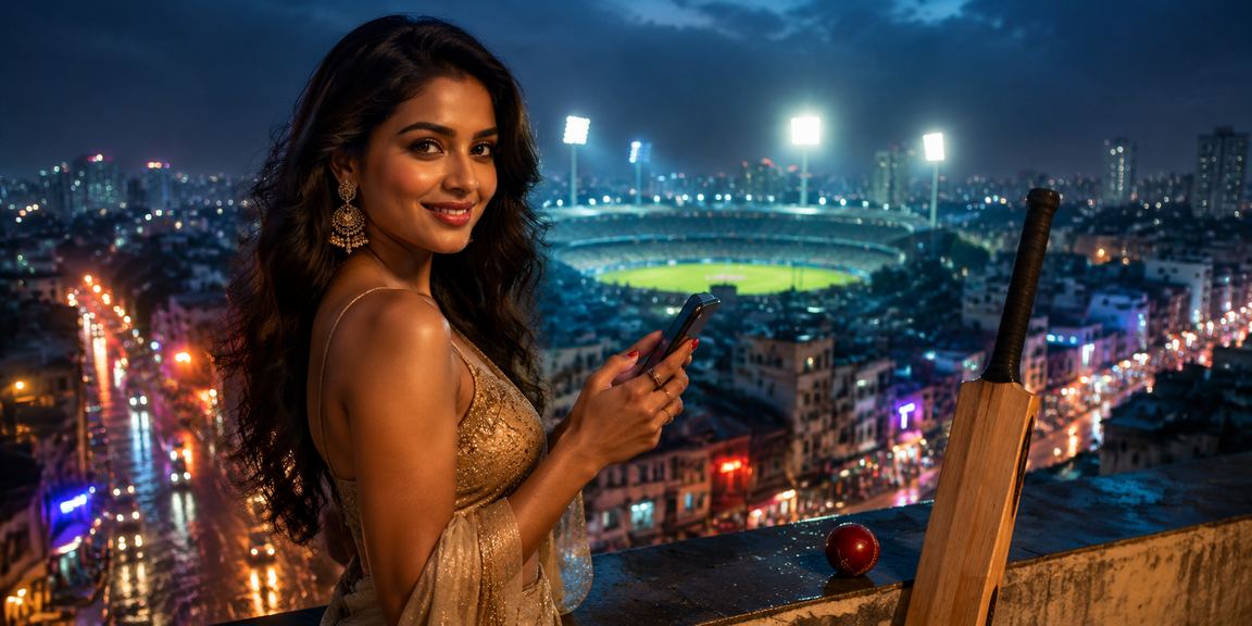 Mumbai city neon lights with cricket and betting theme